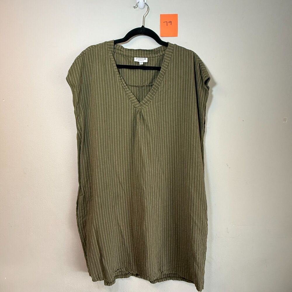 Studio B by Bobeau Olive Green Linen Blend Pinstripe Shift Dress L V Neck